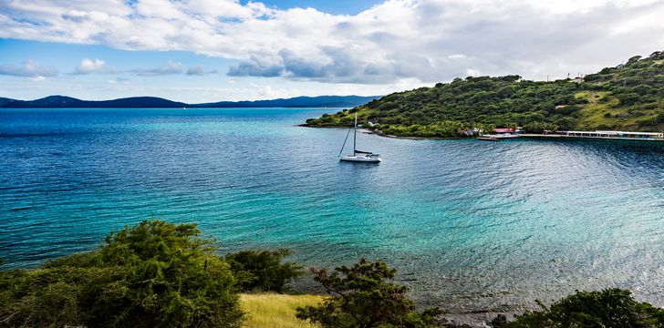 View of a tranquil bay on Jost VanDyke island in the British Virgin Islands in the Caribbean.