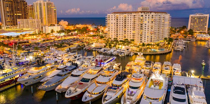 dollar yachts in Fort Lauderdale twilight aerial photo boat show