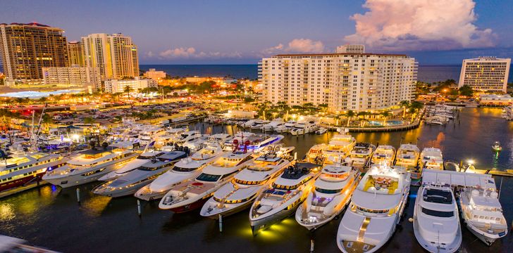 dollar yachts in Fort Lauderdale twilight aerial photo boat show