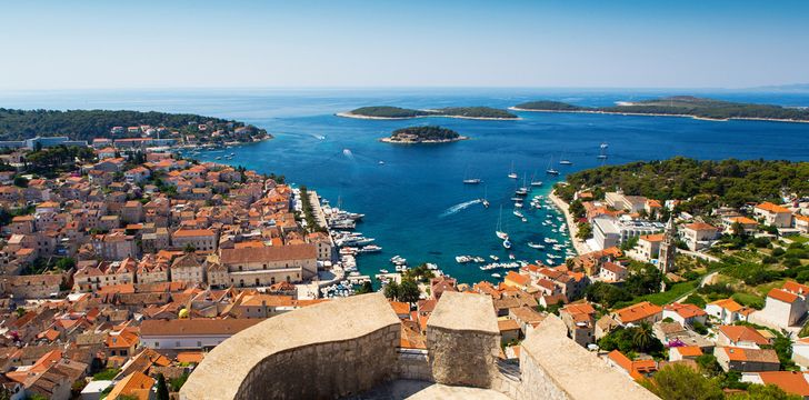 The port and town from above in Hvar