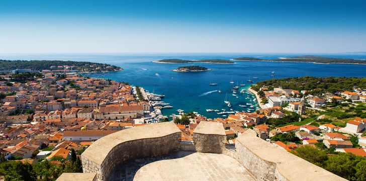 The port and town from above in Hvar