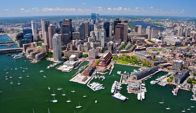 Aerial View of the Boston finanicial center and waterfront