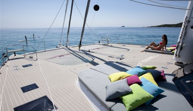 The spacious deck on board a catamaran
