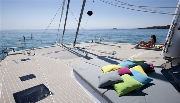 The spacious deck on board a catamaran