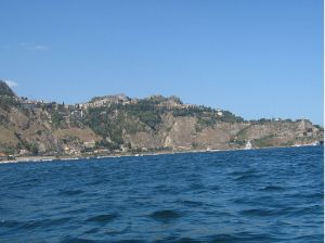 Taormina viewed from the bay of Giardini Naxos