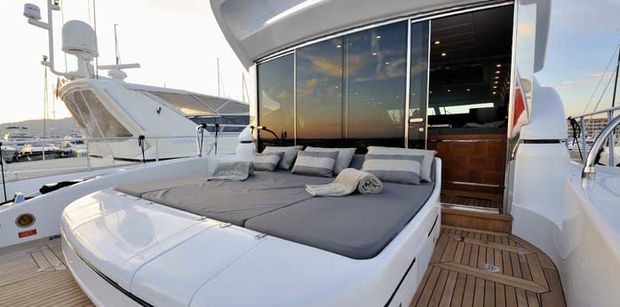 One of the sunbathing areas on board this Mangusta 72