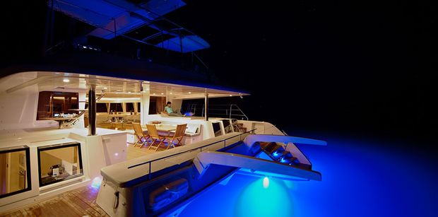 A Lagoon 620's huge aft deck - beautiful by night