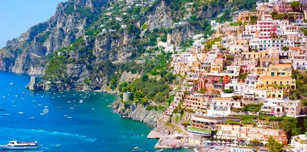 The colourful buildings built in to the rugged coastline in Positano