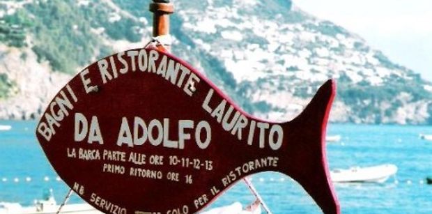 The fish mounted on the mast of the shuttle boat service to Da Adolfo, Positano