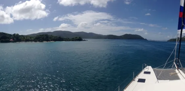 Caribbean Crewed Catamran cruising in to St John, USVI