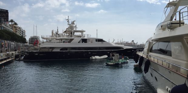 Lady in Blue at berth in Monaco on Quai Kennedy for the Grand Prix