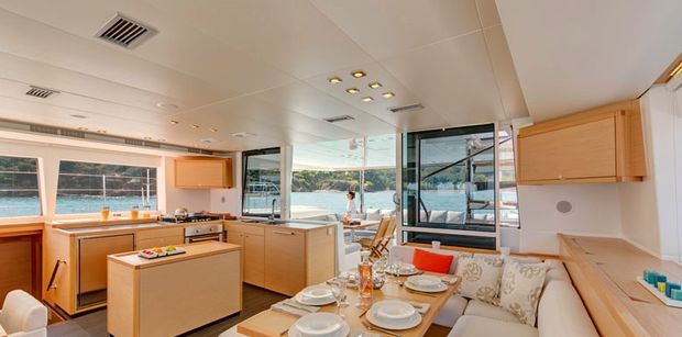 The saloon in crewed catamaran MOYA