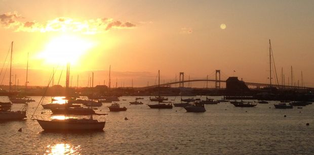 Yachts moored under Newport Bridge
