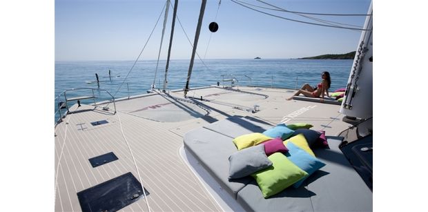 The bow of a luxury catamaran