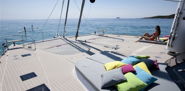 The bow of a luxury catamaran