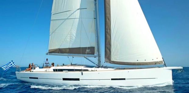 MIMOSA, a brand new Dufour Grand Large 560 peacefully sailing in the Greek Islands