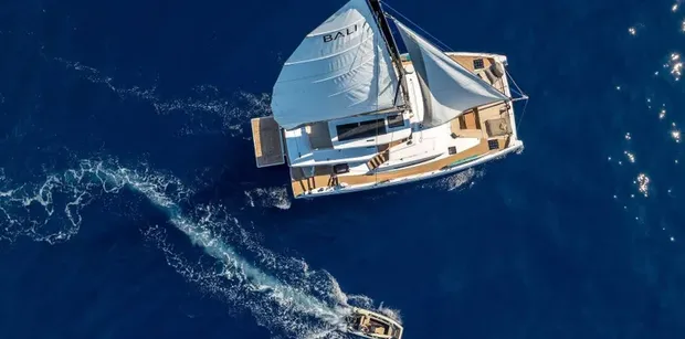 Aerial shot of the FARBEN yacht on blue waters