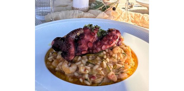 Plate of risotto with grilled octopus