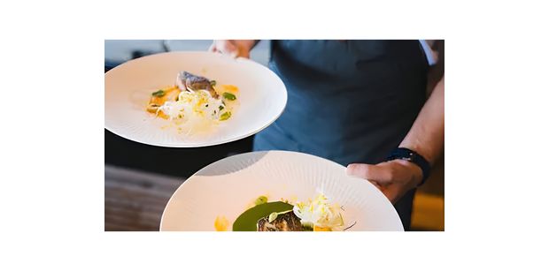 Crew member serving two presented plated dishes