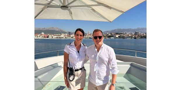 boatbookings charter director ben sutton during croya yacht show 2026 onboard a yacht posing for a photo with an expert on board crew