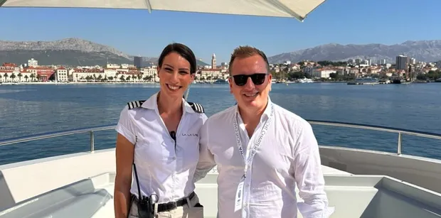 boatbookings charter director ben sutton during croya yacht show 2026 onboard a yacht posing for a photo with an expert on board crew