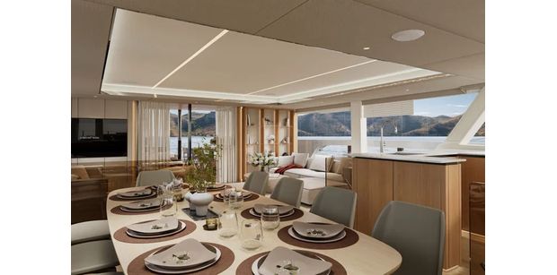 the sunreef ultima 88 mim ocean 10 main salon lounge and dining area, with formal dining set up