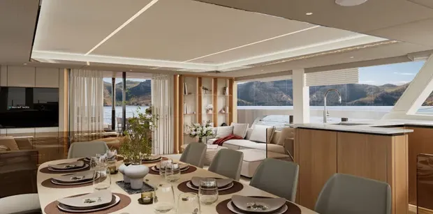 the sunreef ultima 88 mim ocean 10 main salon lounge and dining area, with formal dining set up
