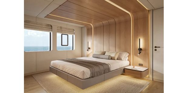 mim ocean 10's spacious and luxurious master cabin with huge glass windows