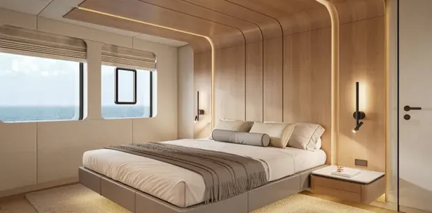 mim ocean 10's spacious and luxurious master cabin with huge glass windows