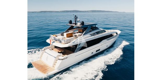 ZATARA II Sanlorenzo SL90A - aerial view of the ZATARA II luxury motor yacht underway, with its expansive outdoor deck spaces and swim platform on the blue Adriatic waters.