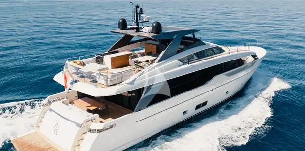 ZATARA II Sanlorenzo SL90A - aerial view of the ZATARA II luxury motor yacht underway, with its expansive outdoor deck spaces and swim platform on the blue Adriatic waters.