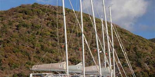 5 charter catamarans lashed together in the BVI 5 charter catamarans lashed together in the BVI