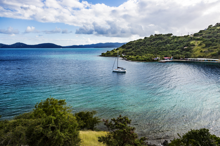 View of a tranquil bay on Jost VanDyke island in the British Virgin Islands in the Caribbean.
