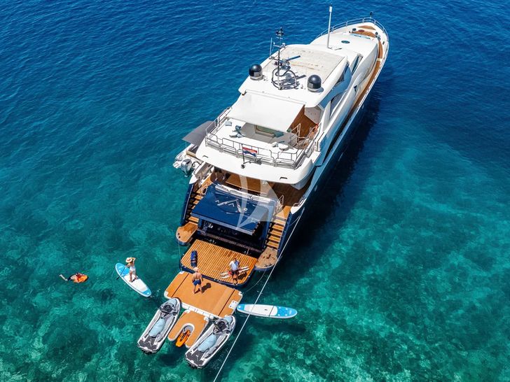 ARAGO Sunseeker 34m - anchored aerial shot with the water toys ARAGO Sunseeker 34m - anchored aerial shot with the water toys