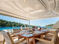 IMAGINE Ferretti Custom Line Navetta 30 - sun deck alfresco dining set up IMAGINE Ferretti Custom Line Navetta 30 - sun deck alfresco dining set up