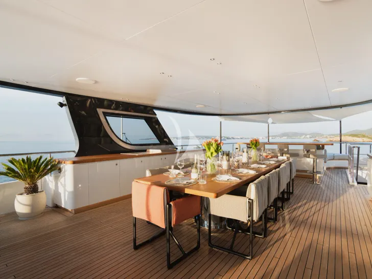 HOW MUCH IS ENOUGH Benetti Oasis 40m - sky deck alfresco dining set up HOW MUCH IS ENOUGH Benetti Oasis 40m - sky deck alfresco dining set up