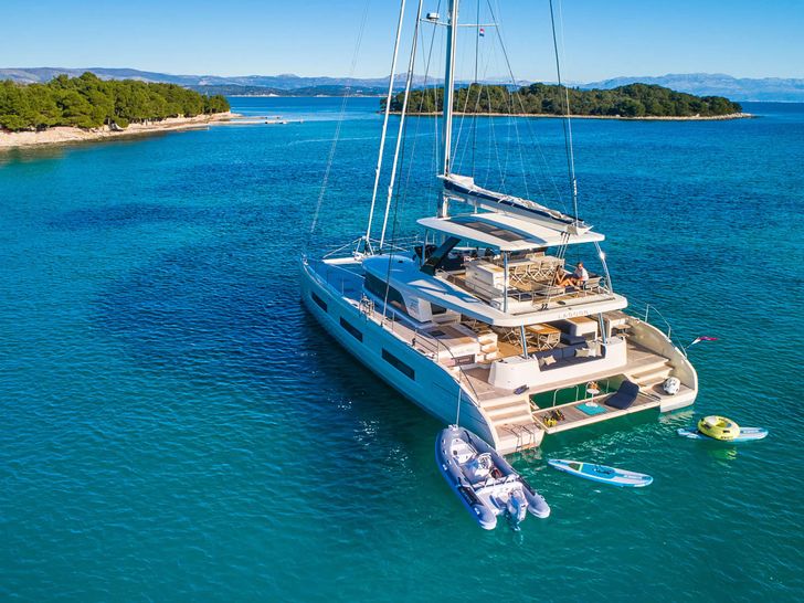 AMADA MIA Lagoon 65 - aft shot with water toys AMADA MIA Lagoon 65 - aft shot with water toys