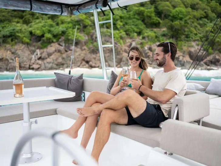 APRICITY Bali 4.6 - guests on the flybridge APRICITY Bali 4.6 - guests on the flybridge