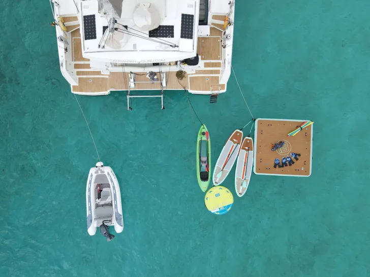 ZURI 3 Bali 5.4 - top aft aerial shot with the water toys ZURI 3 Bali 5.4 - top aft aerial shot with the water toys