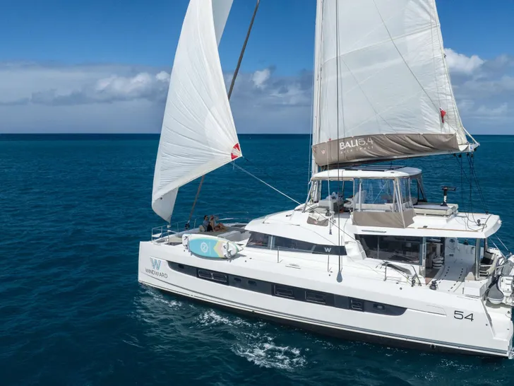 OUT OF THE BLUE Bali 5.4 - side profile sailing OUT OF THE BLUE Bali 5.4 - side profile sailing