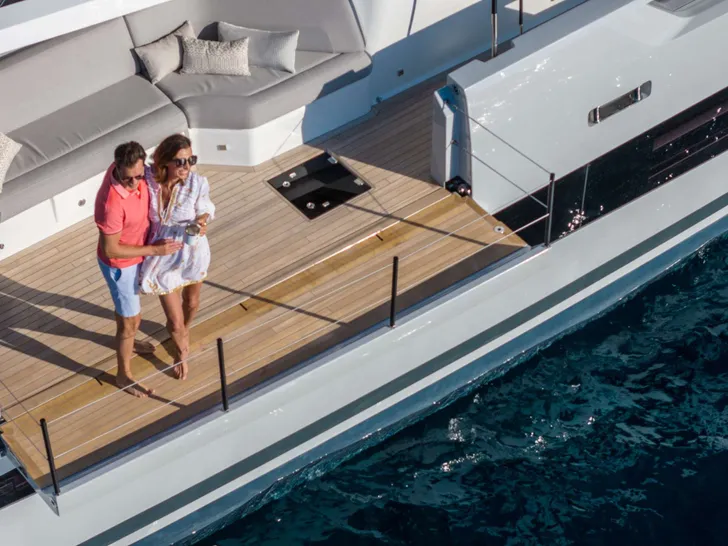 ALINA Fountaine Pajot Power 80 - guests in the side balcony ALINA Fountaine Pajot Power 80 - guests in the side balcony