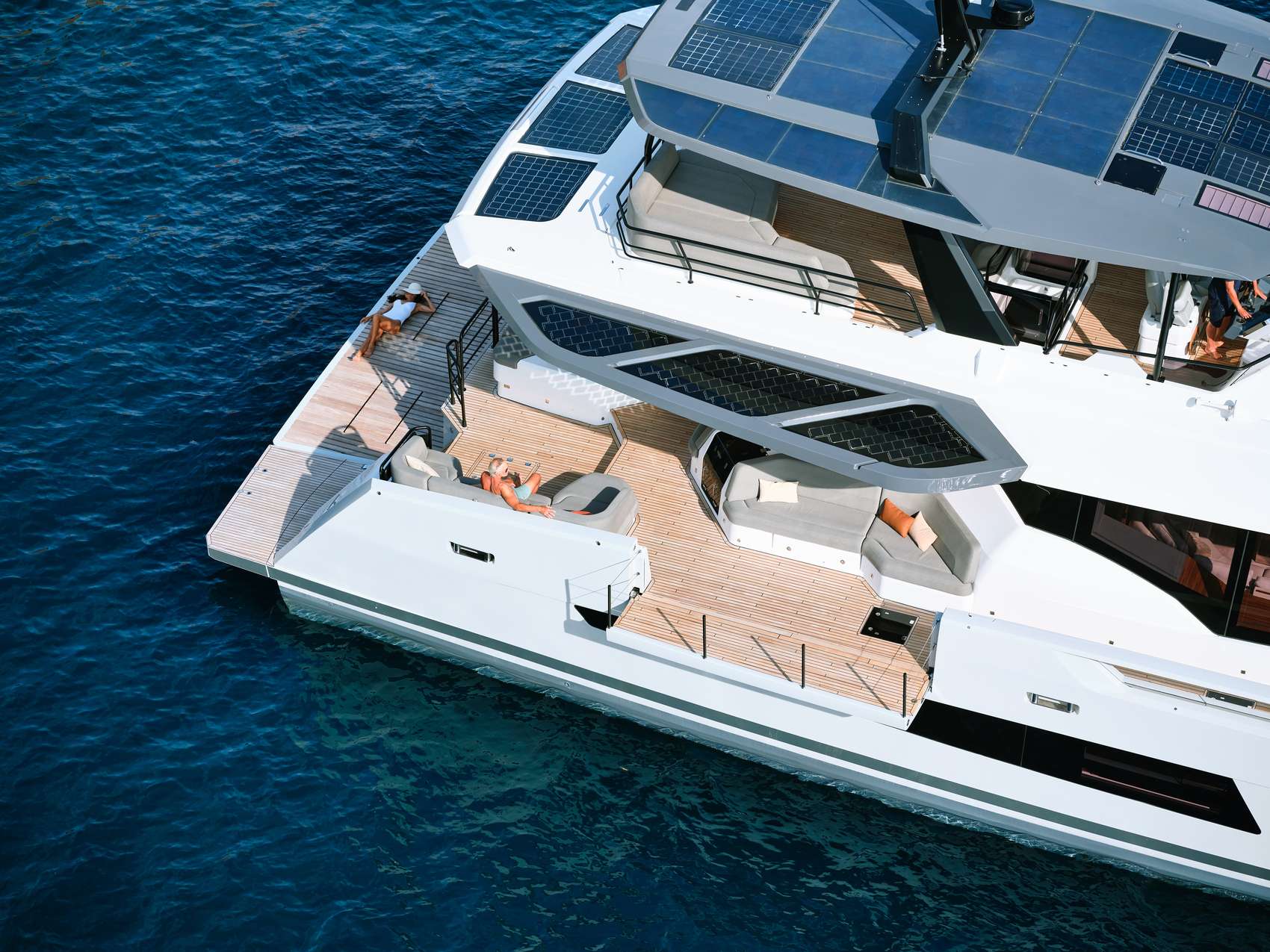 ALINA Fountaine Pajot Power 80 - side aft aerial shot