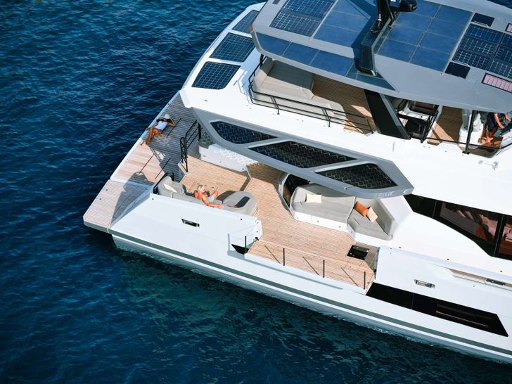ALINA Fountaine Pajot Power 80 - side aft aerial shot ALINA Fountaine Pajot Power 80 - side aft aerial shot