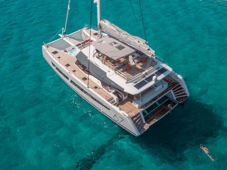SAPPHIRE Fountaine Pajot Alegria 67 - aerial shot anchored SAPPHIRE Fountaine Pajot Alegria 67 - aerial shot anchored