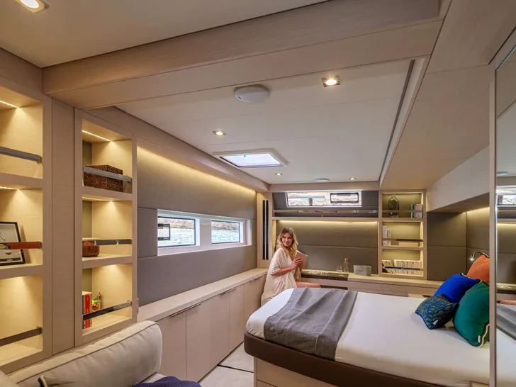 ADRIATIC PEARL Lagoon 55 - master cabin bed and vanity area ADRIATIC PEARL Lagoon 55 - master cabin bed and vanity area