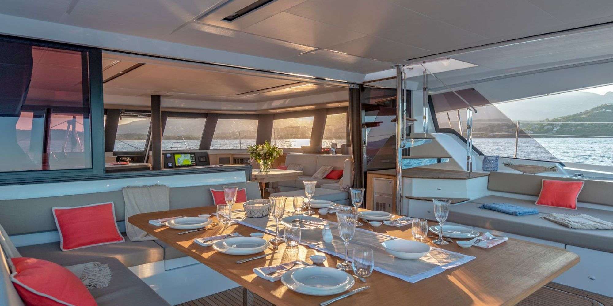 BLUESATION Fountaine Pajot Alegria 67 - aft deck alfresco dining set up