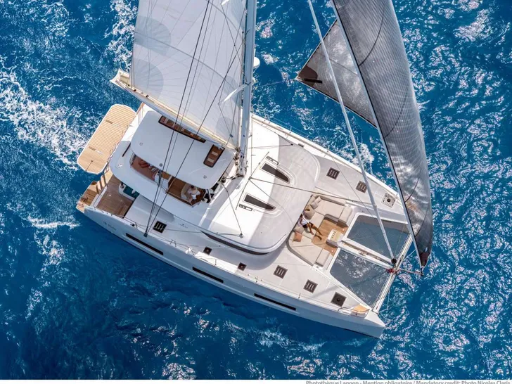 WANDERLUST 55' Lagoon 55 - top aerial shot cruising WANDERLUST 55' Lagoon 55 - top aerial shot cruising