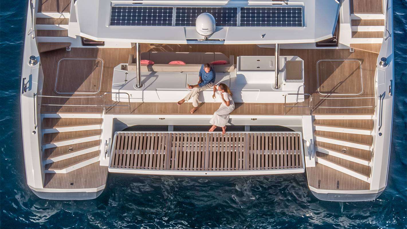 ENCORE Fountaine Pajot Alegria 67 - top aft shot of the aft deck and the swim platform