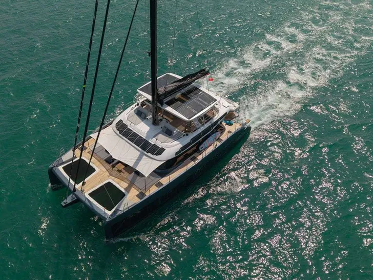 E-MOTION Sunreef 60 Eco - cruising aerial shot E-MOTION Sunreef 60 Eco - cruising aerial shot