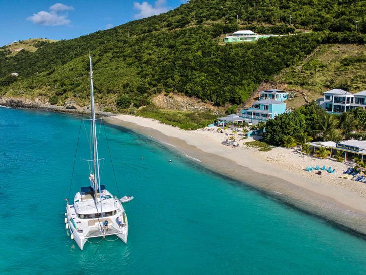 KERRY LEE Lagoon 46 - aerial shot while anchored near the beach KERRY LEE Lagoon 46 - aerial shot while anchored near the beach